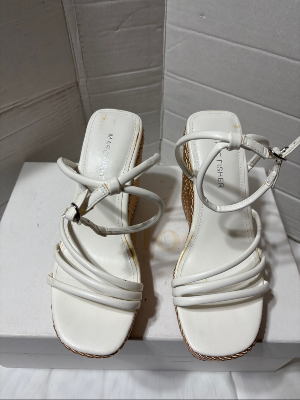 Marc Fisher White Strappy Wedge Sandals with Ankle Tie. NWOT